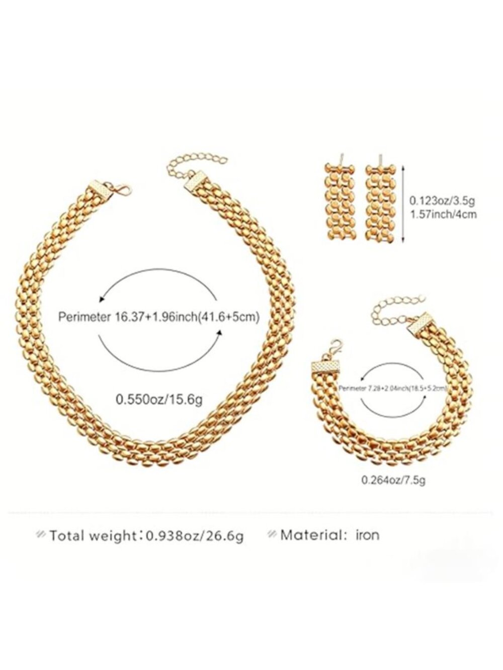 14K Gold Plated Chunky Jewelry Set Necklace Bracelet Earrings 3 Piece Women - Picture 3 of 5
